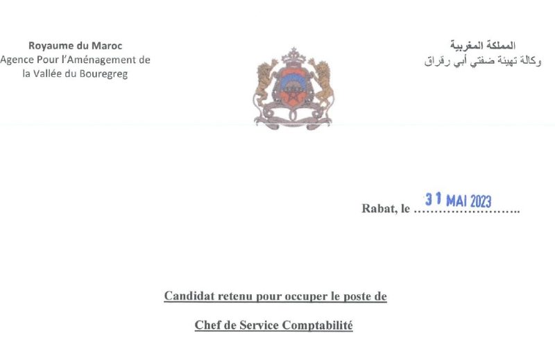 Candidat retenu pour occuper le poste de Chef de Service Comptabilité